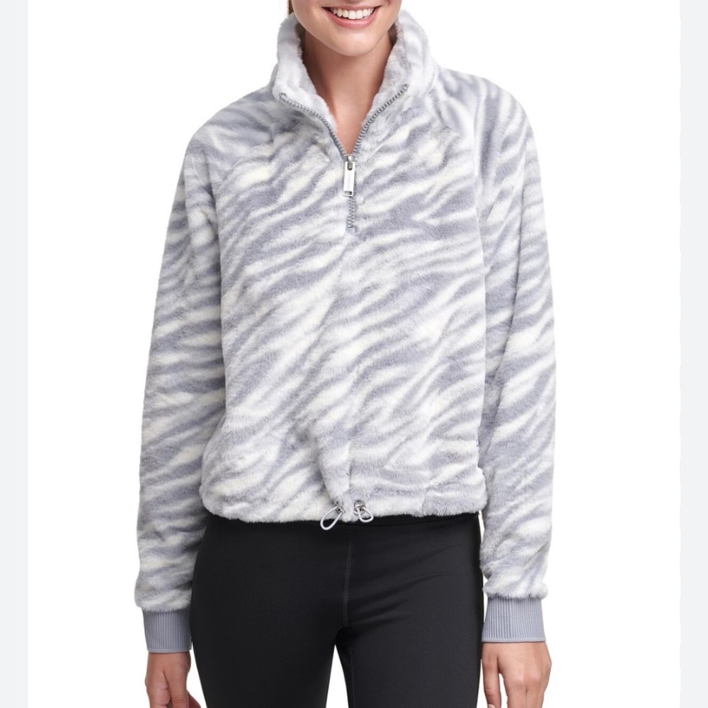 CALVIN KLEIN Performance Gray Faux Fur Quarter-Zip Animal Print Crop Jacket NWOT